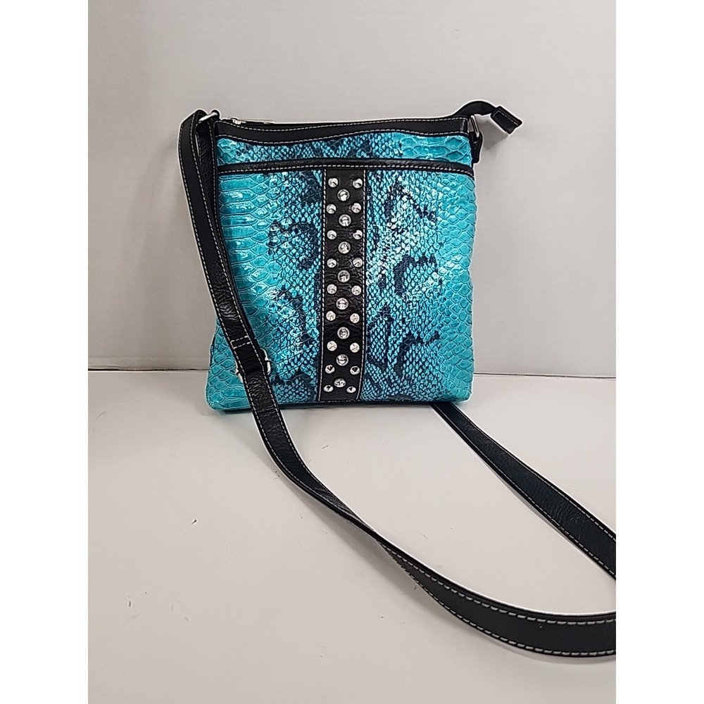 B Jaxx Faux Snakeskin Turquoise Colored Crossbody‎ Purse W/Studs & Rhinestones